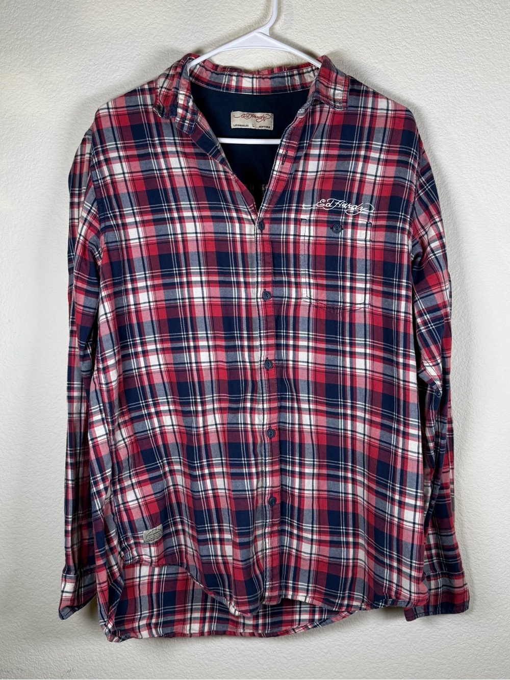 Vintage Ed Hardy Men's Red & Navy Plaid Button-Up Shirt Large y2k